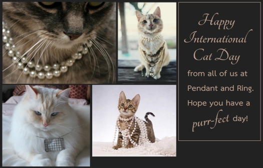 Happy International Cat Day Card with cats wearing jewelry; a greeting from pendant and ring.